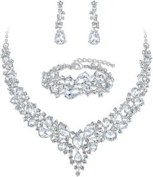 BriLove Wedding Bridal Jewelery for Women Austrian Crystal Teardrop Cluster Statement Necklace Dangle Earrings Link Bracelet Set