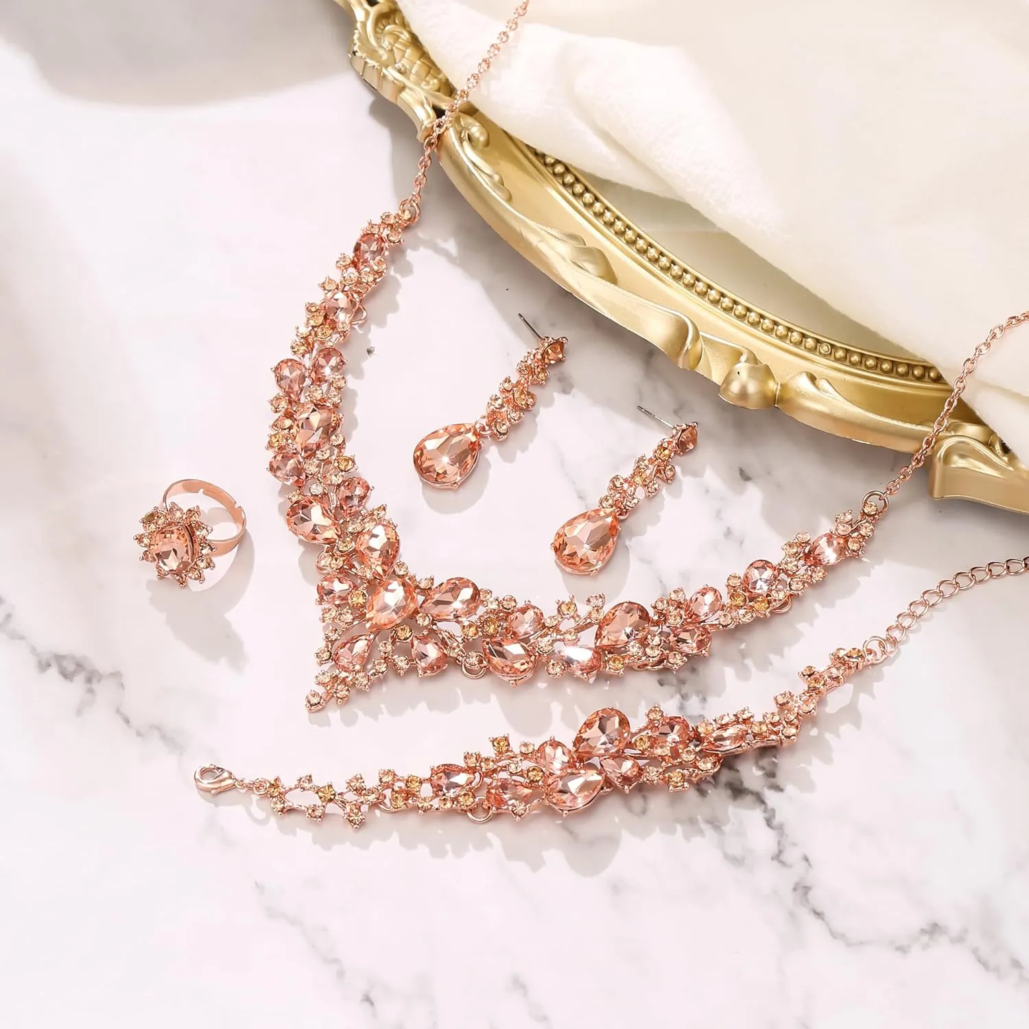 BriLove Wedding Bridal Jewelery for Women Austrian Crystal Teardrop Cluster Statement Necklace Dangle Earrings Link Bracelet Set