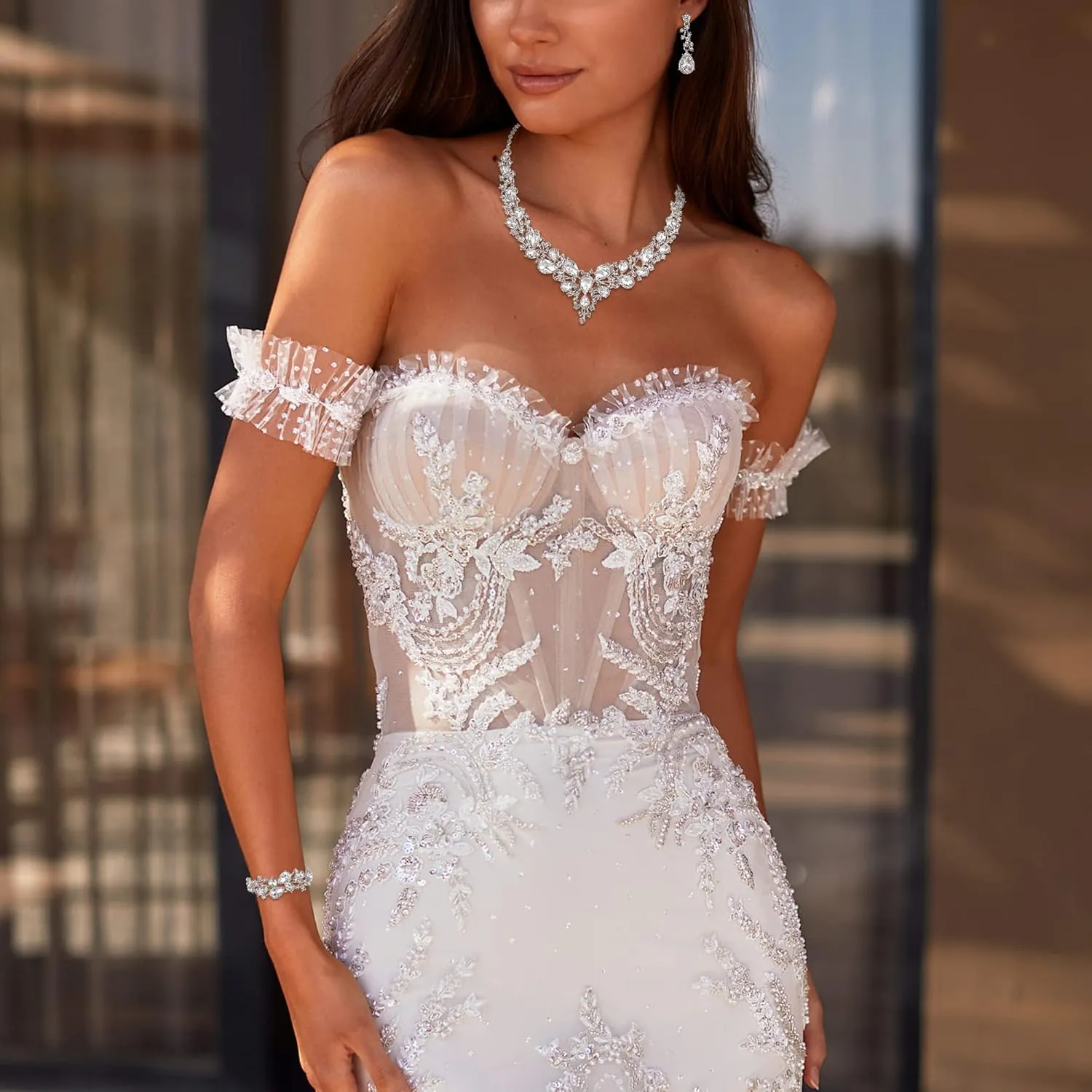 BriLove Wedding Bridal Jewelery for Women Austrian Crystal Teardrop Cluster Statement Necklace Dangle Earrings Link Bracelet Set