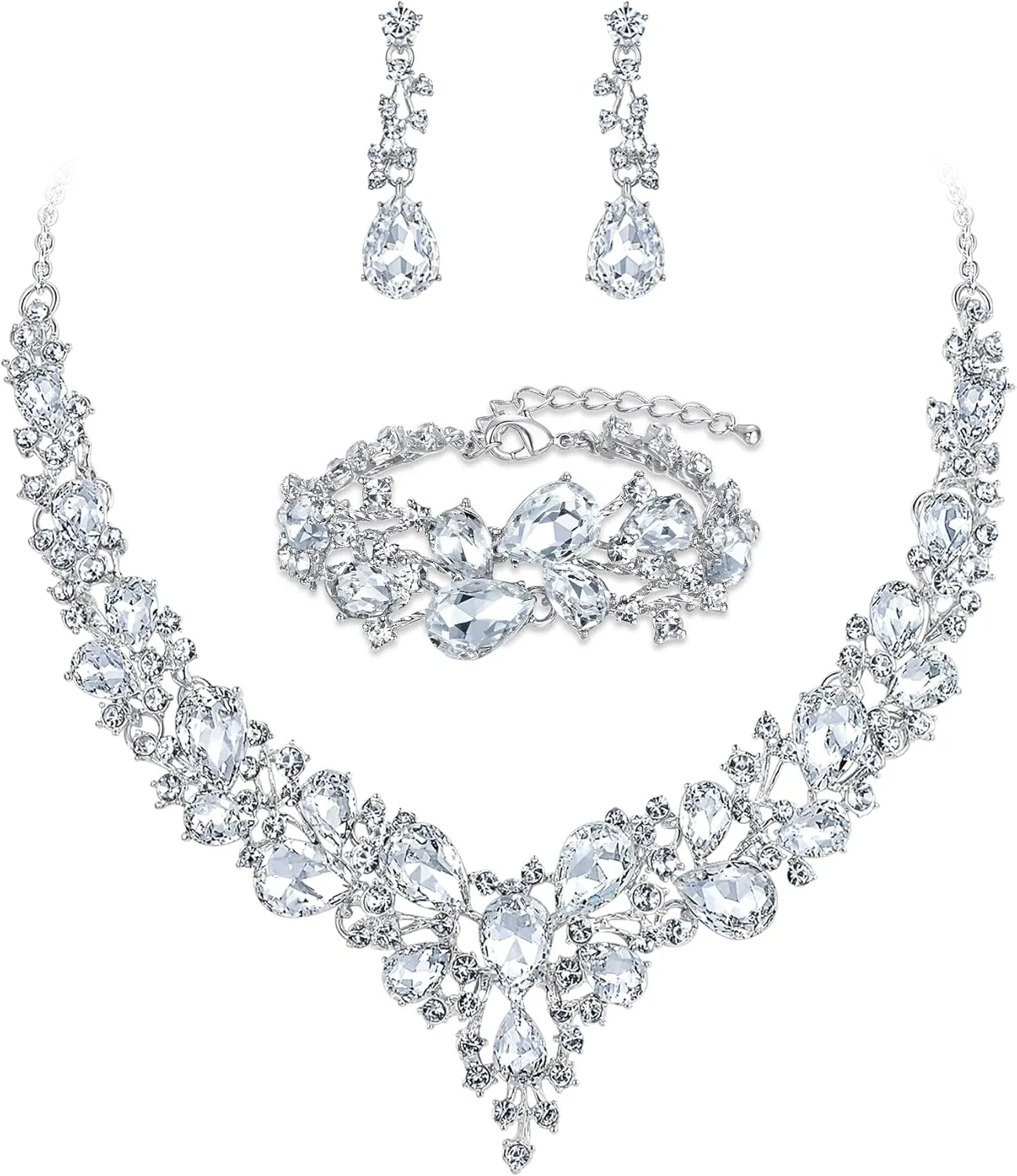 BriLove Wedding Bridal Jewelery for Women Austrian Crystal Teardrop Cluster Statement Necklace Dangle Earrings Link Bracelet Set