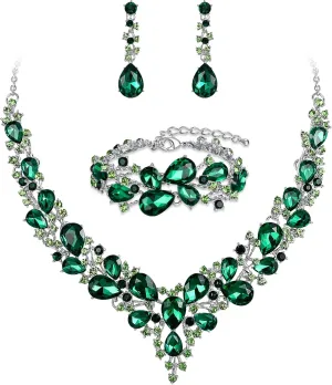 BriLove Wedding Bridal Jewelery for Women Austrian Crystal Teardrop Cluster Statement Necklace Dangle Earrings Link Bracelet Set