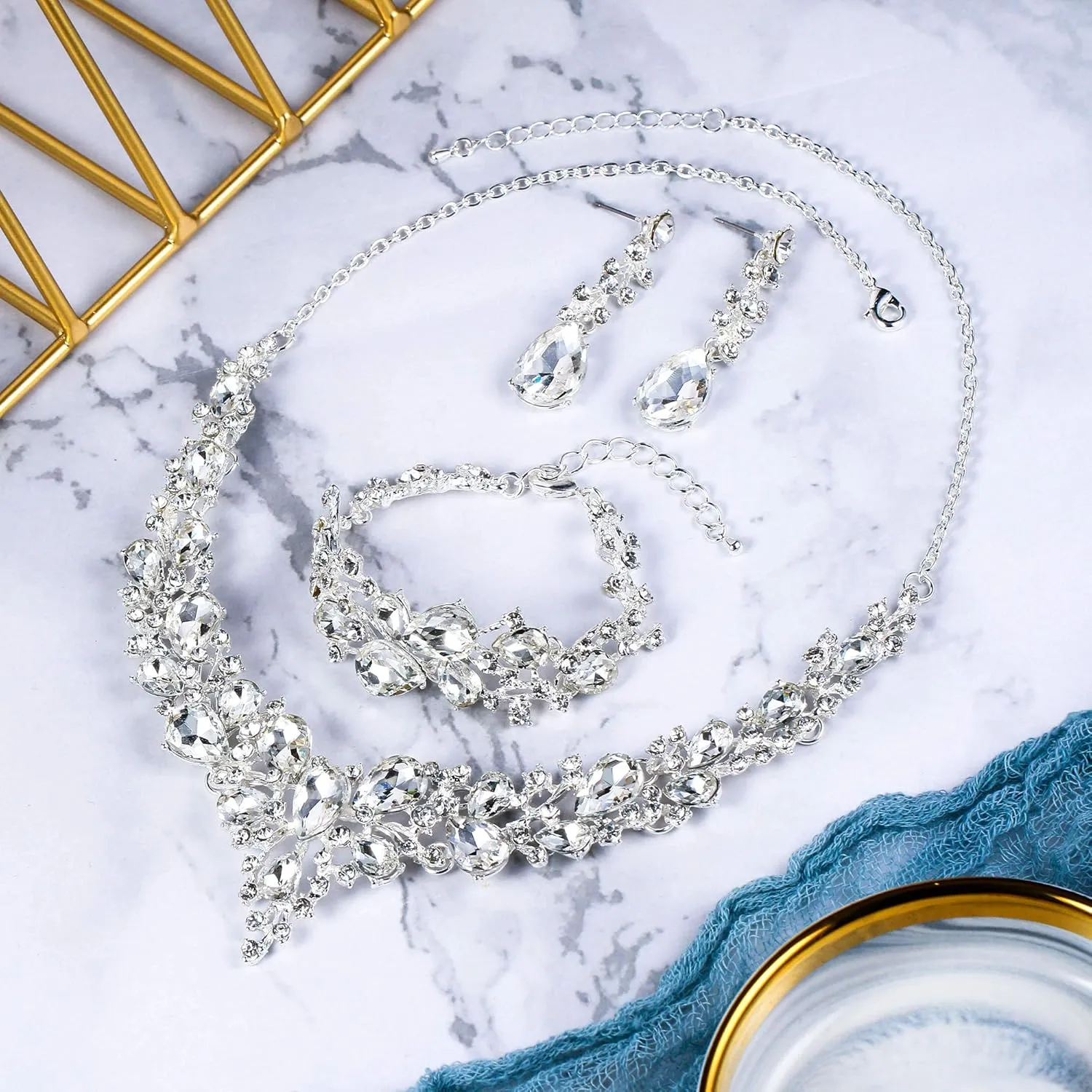 BriLove Wedding Bridal Jewelery for Women Austrian Crystal Teardrop Cluster Statement Necklace Dangle Earrings Link Bracelet Set