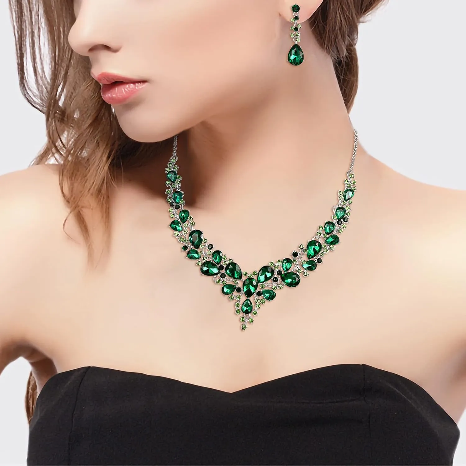 BriLove Wedding Bridal Jewelery for Women Austrian Crystal Teardrop Cluster Statement Necklace Dangle Earrings Link Bracelet Set