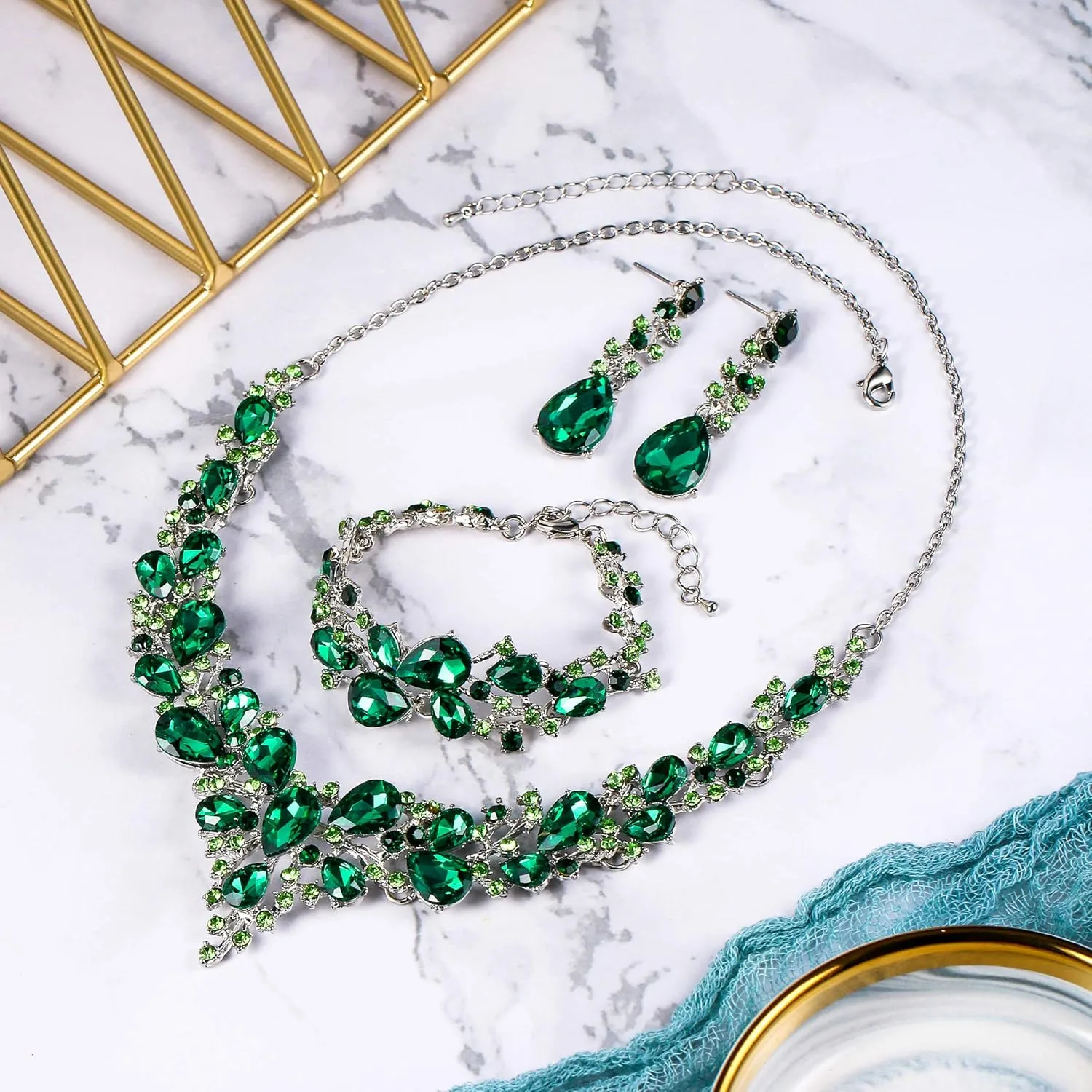 BriLove Wedding Bridal Jewelery for Women Austrian Crystal Teardrop Cluster Statement Necklace Dangle Earrings Link Bracelet Set