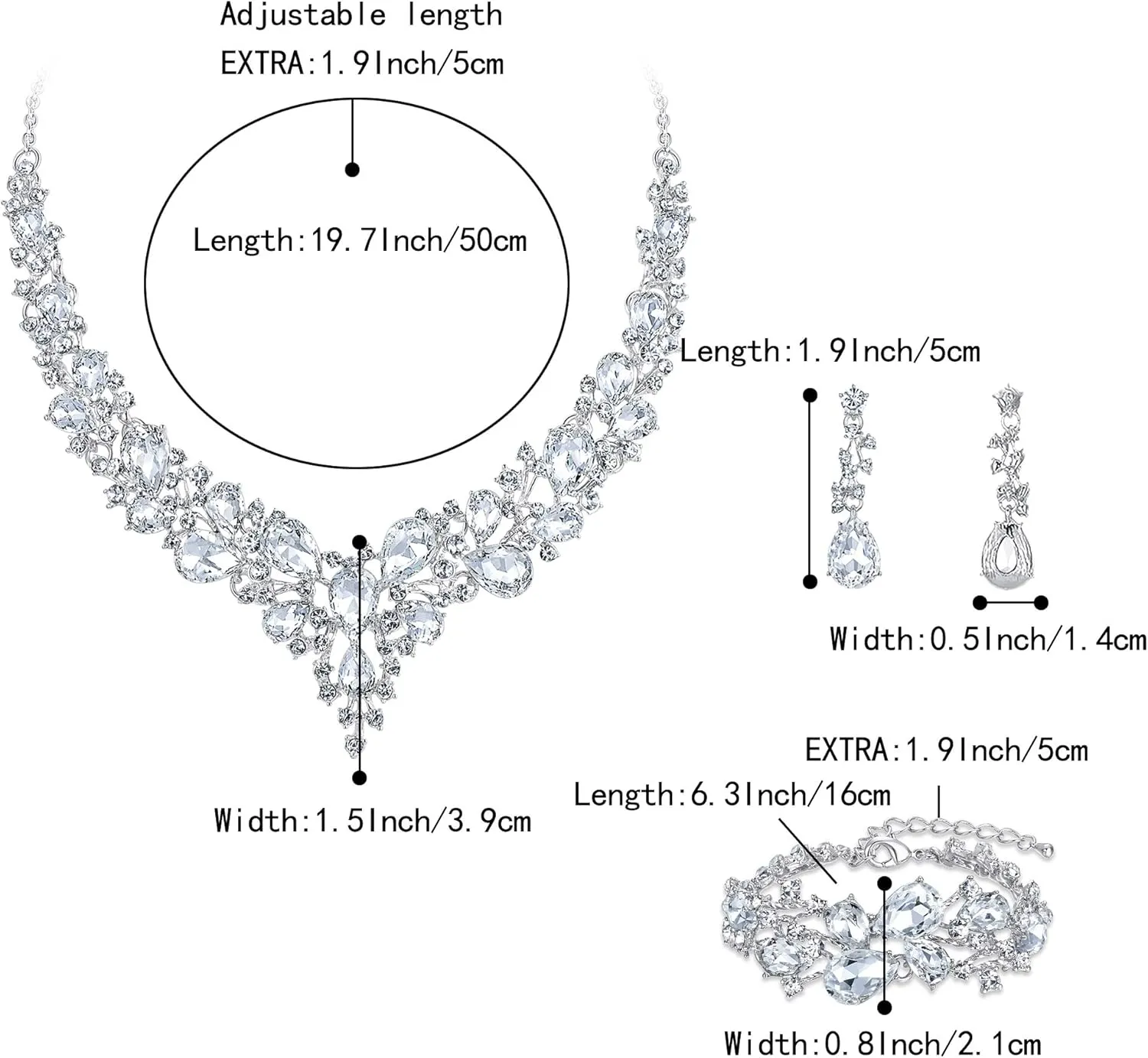 BriLove Wedding Bridal Jewelery for Women Austrian Crystal Teardrop Cluster Statement Necklace Dangle Earrings Link Bracelet Set