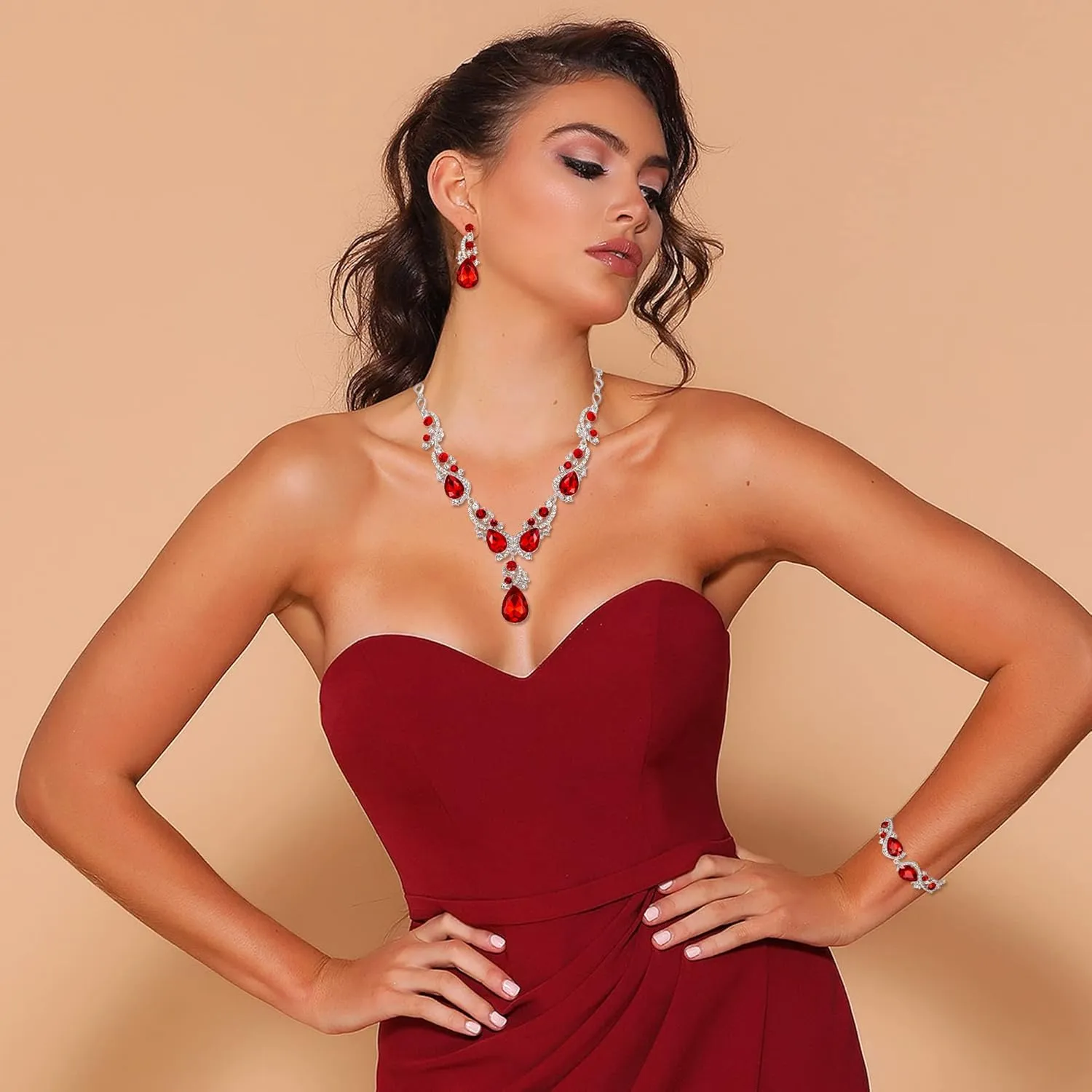 BriLove Wedding Bridal Jewelry for Women Multi Teardrop Cluster Crystal Statement Necklace Dangle Earrings Link Bracelet Set