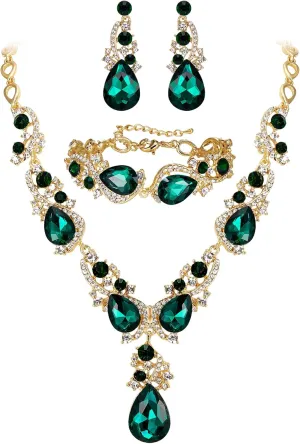 BriLove Wedding Bridal Jewelry for Women Multi Teardrop Cluster Crystal Statement Necklace Dangle Earrings Link Bracelet Set