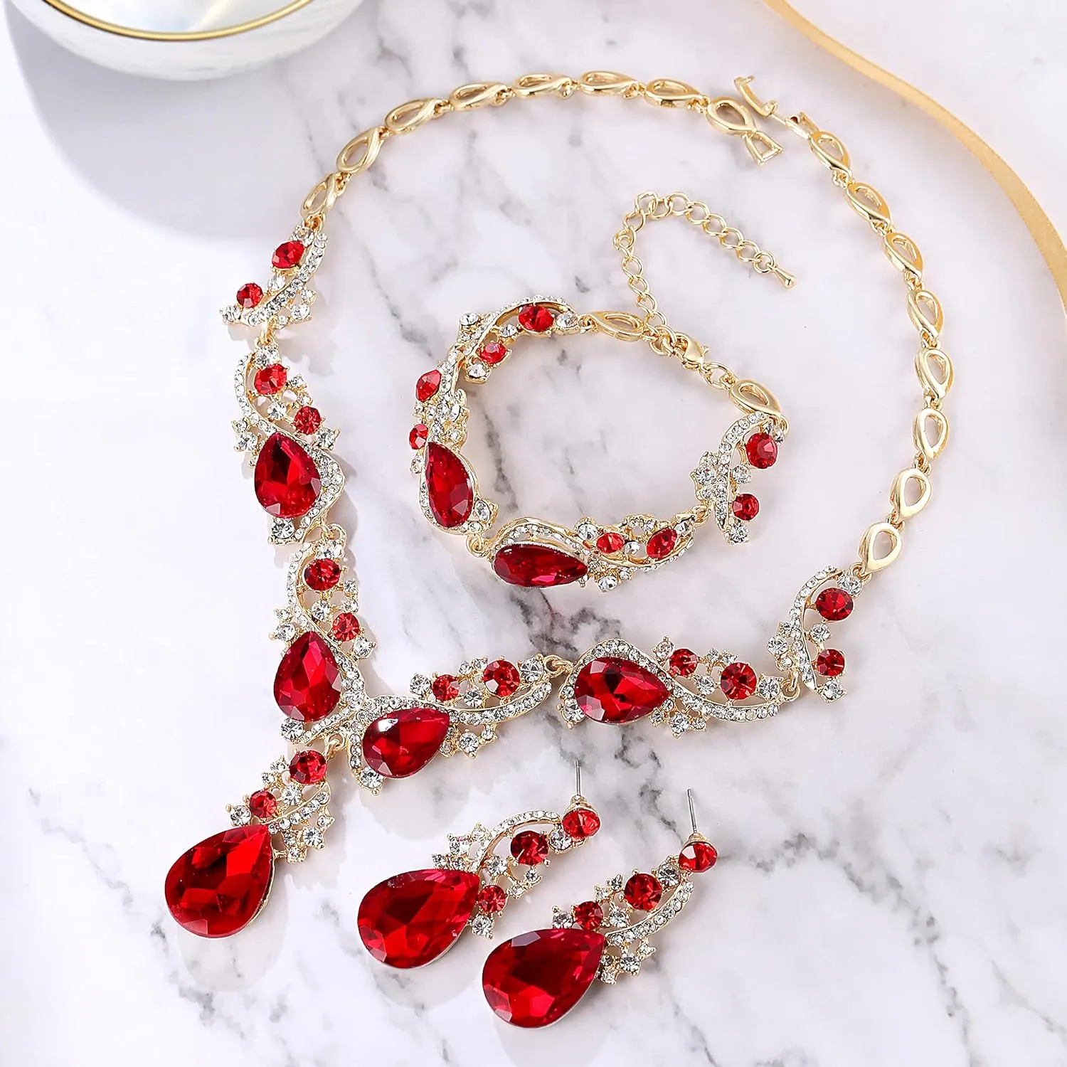 BriLove Wedding Bridal Jewelry for Women Multi Teardrop Cluster Crystal Statement Necklace Dangle Earrings Link Bracelet Set