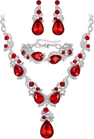 BriLove Wedding Bridal Jewelry for Women Multi Teardrop Cluster Crystal Statement Necklace Dangle Earrings Link Bracelet Set