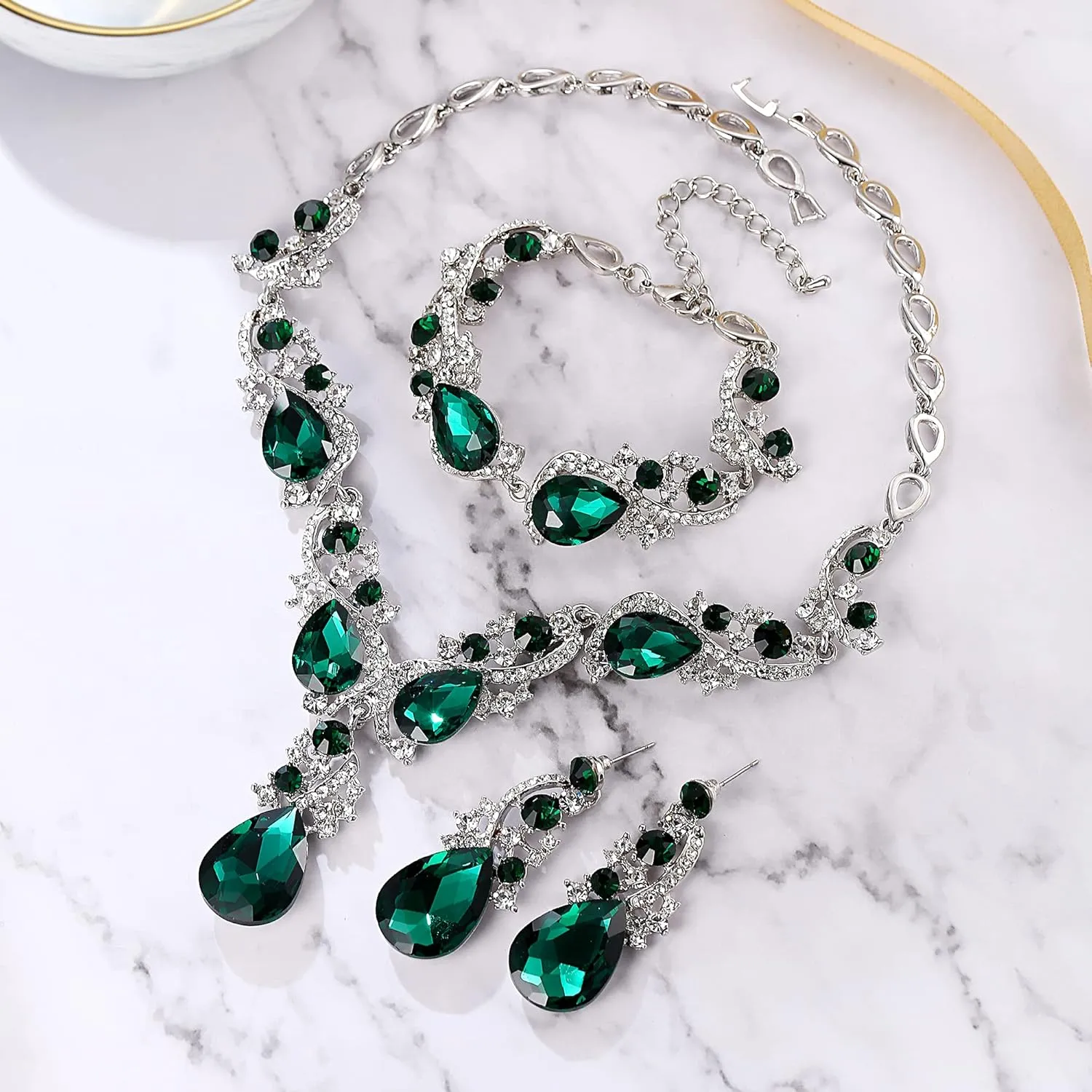 BriLove Wedding Bridal Jewelry for Women Multi Teardrop Cluster Crystal Statement Necklace Dangle Earrings Link Bracelet Set