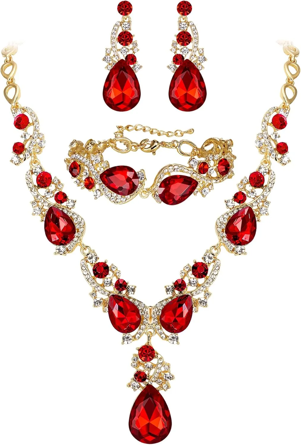 BriLove Wedding Bridal Jewelry for Women Multi Teardrop Cluster Crystal Statement Necklace Dangle Earrings Link Bracelet Set
