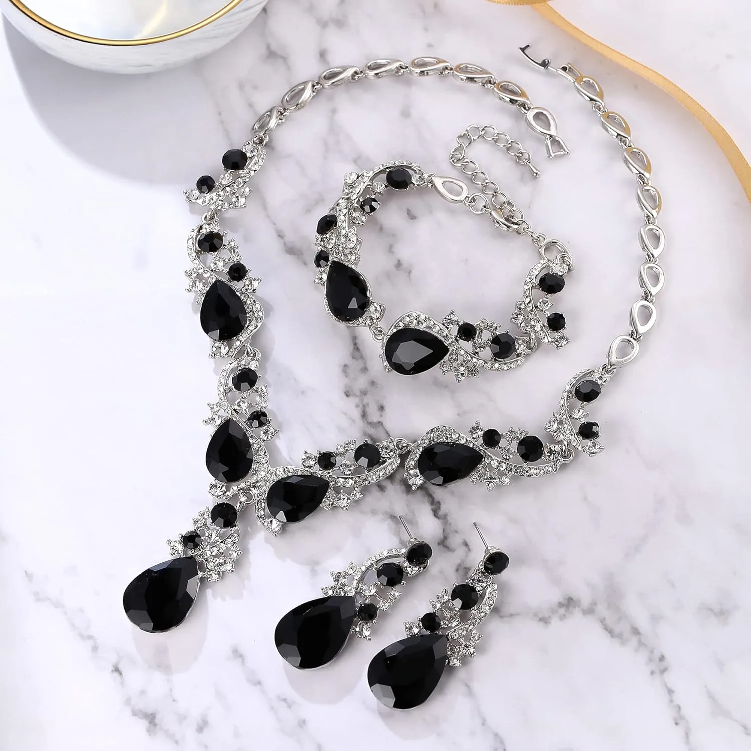 BriLove Wedding Bridal Jewelry for Women Multi Teardrop Cluster Crystal Statement Necklace Dangle Earrings Link Bracelet Set
