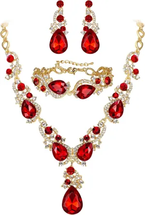 BriLove Wedding Bridal Jewelry for Women Multi Teardrop Cluster Crystal Statement Necklace Dangle Earrings Link Bracelet Set