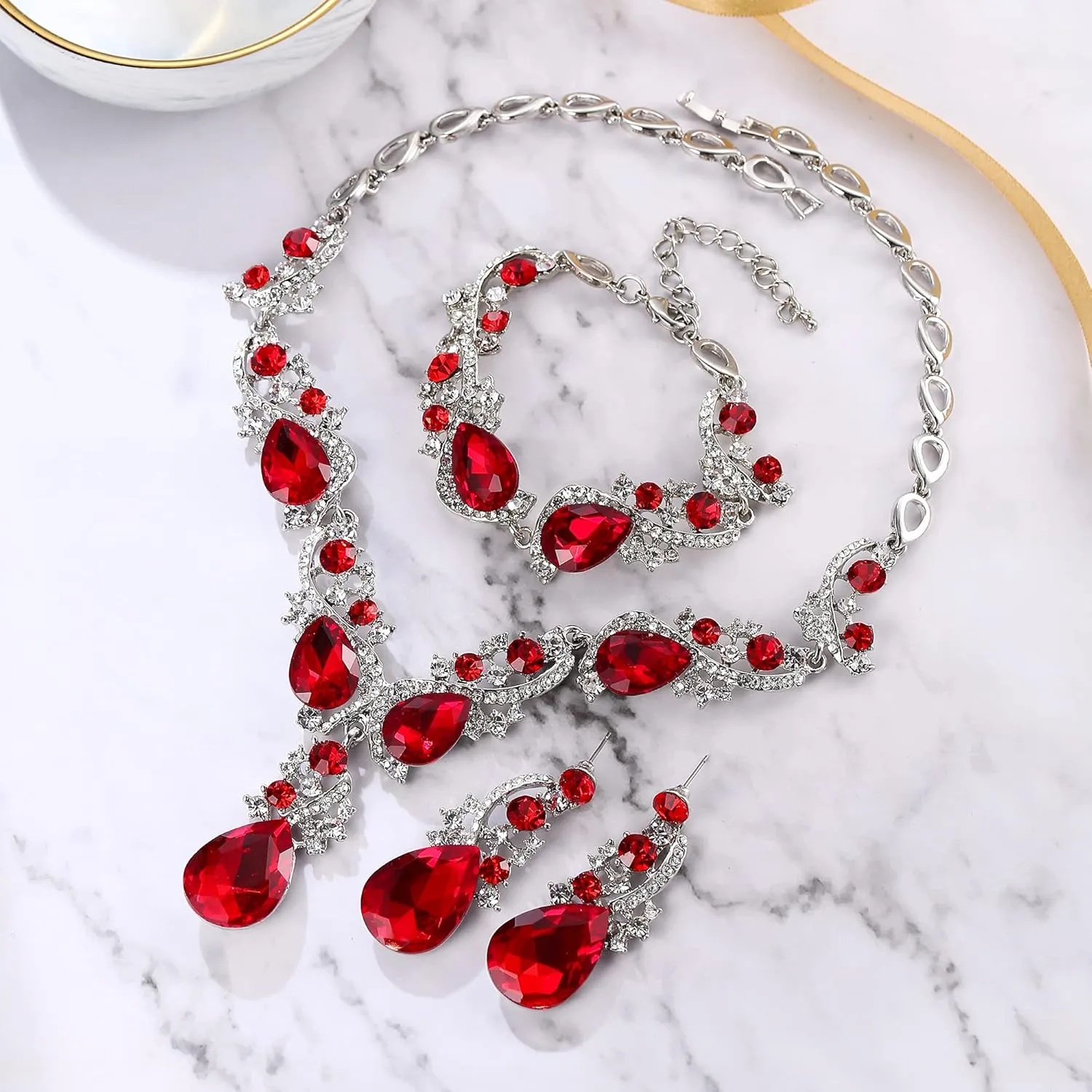 BriLove Wedding Bridal Jewelry for Women Multi Teardrop Cluster Crystal Statement Necklace Dangle Earrings Link Bracelet Set