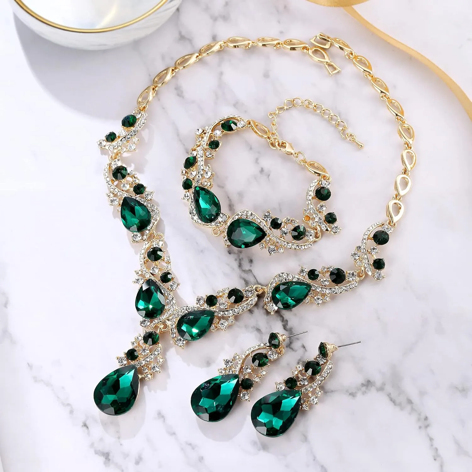 BriLove Wedding Bridal Jewelry for Women Multi Teardrop Cluster Crystal Statement Necklace Dangle Earrings Link Bracelet Set