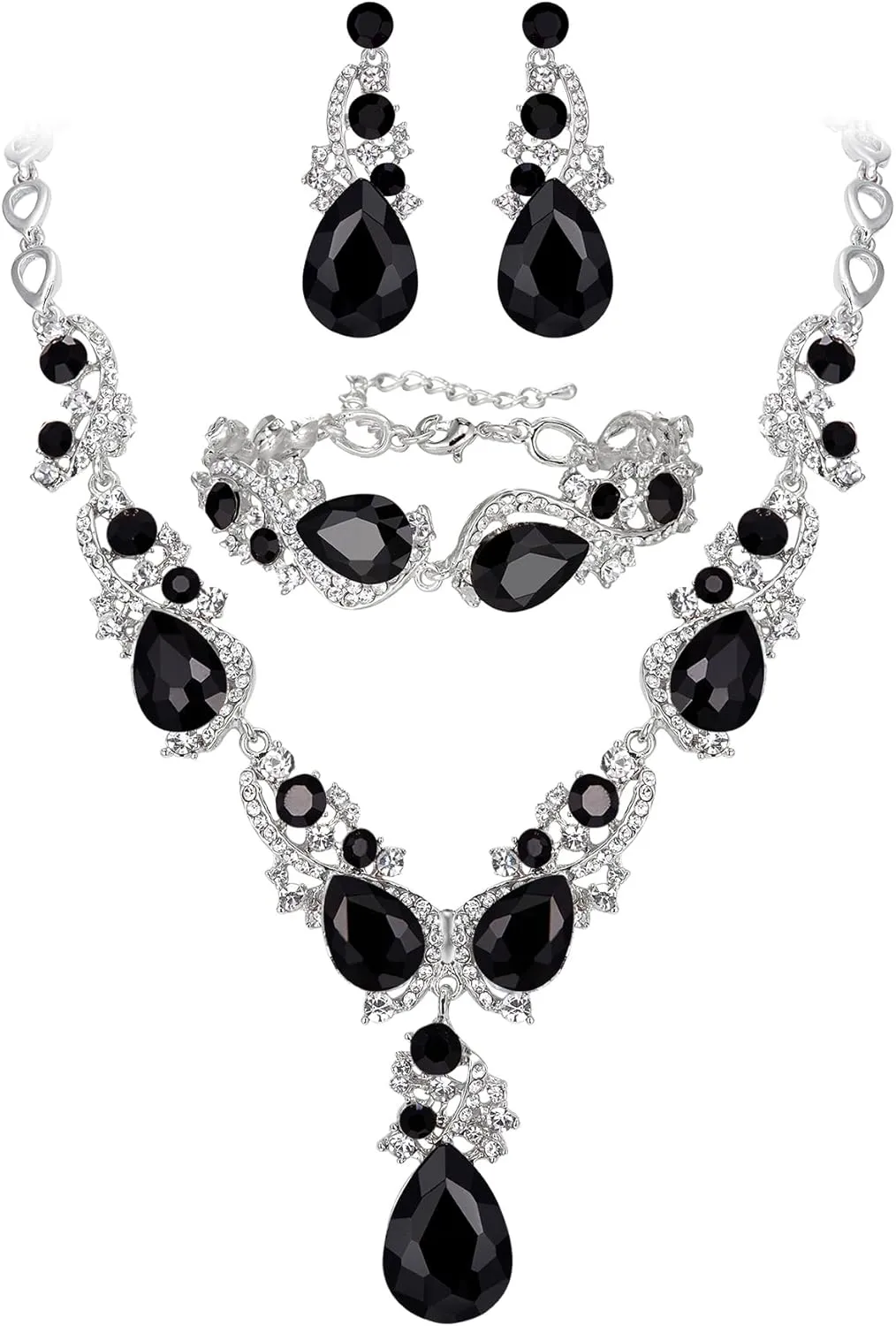 BriLove Wedding Bridal Jewelry for Women Multi Teardrop Cluster Crystal Statement Necklace Dangle Earrings Link Bracelet Set