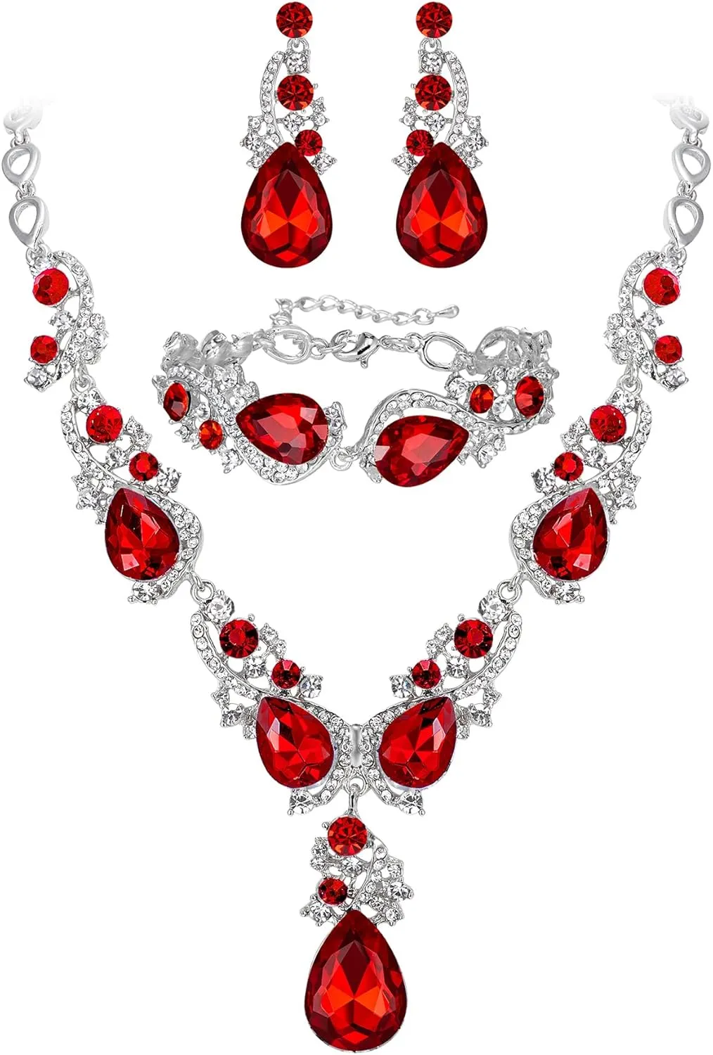 BriLove Wedding Bridal Jewelry for Women Multi Teardrop Cluster Crystal Statement Necklace Dangle Earrings Link Bracelet Set