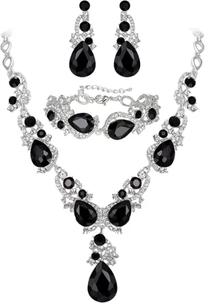 BriLove Wedding Bridal Jewelry for Women Multi Teardrop Cluster Crystal Statement Necklace Dangle Earrings Link Bracelet Set
