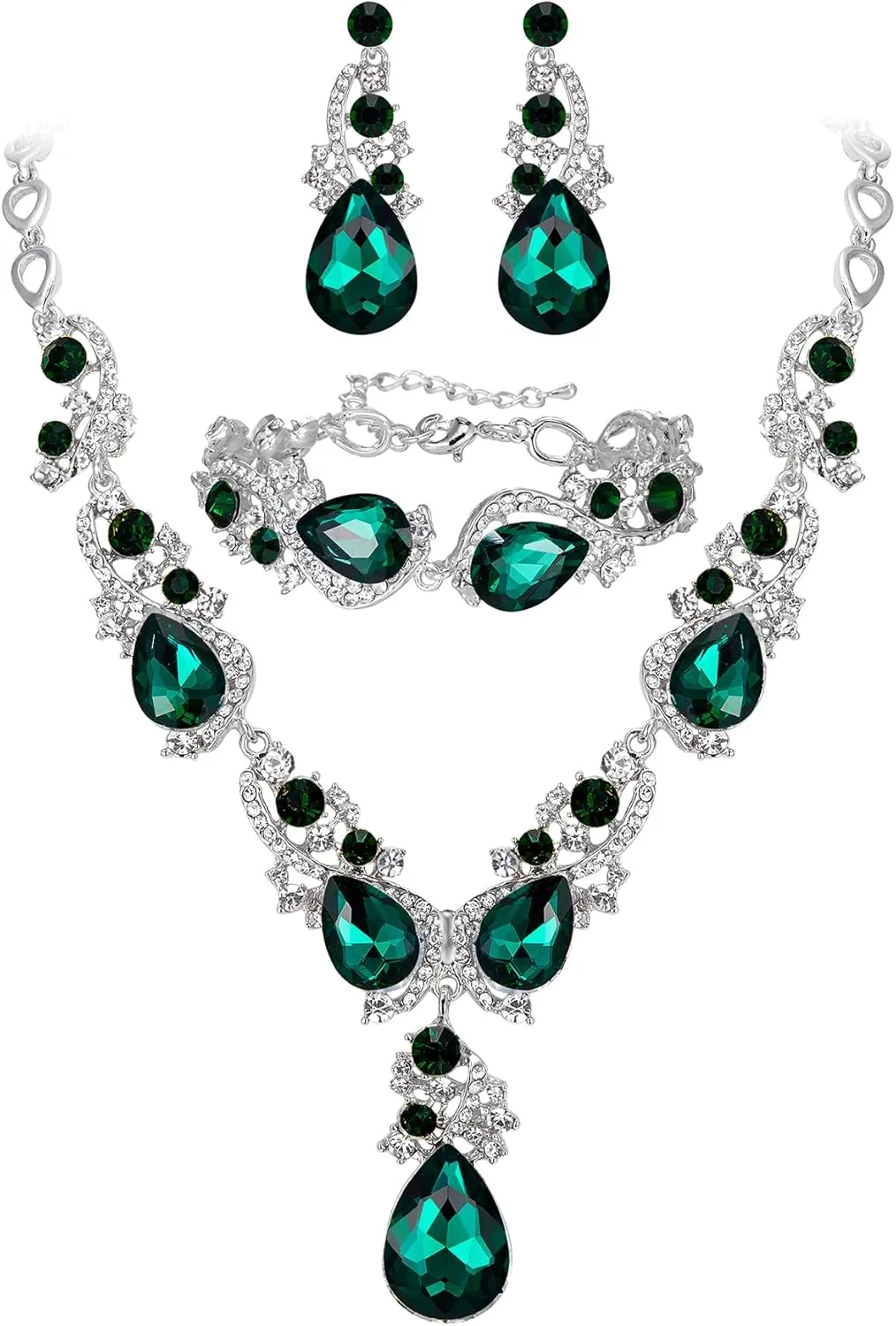 BriLove Wedding Bridal Jewelry for Women Multi Teardrop Cluster Crystal Statement Necklace Dangle Earrings Link Bracelet Set