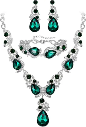 BriLove Wedding Bridal Jewelry for Women Multi Teardrop Cluster Crystal Statement Necklace Dangle Earrings Link Bracelet Set