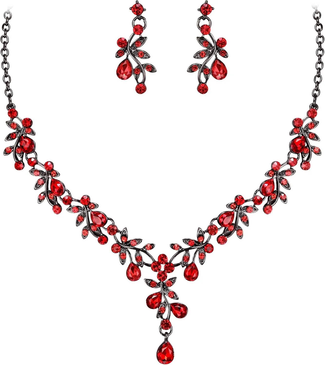 BriLove Wedding Jewelry Set for Women Bride, Y-Necklace Dangle Earrings Crystal Teardrop Leaf Flower Cluster Bridal Bridesmaid