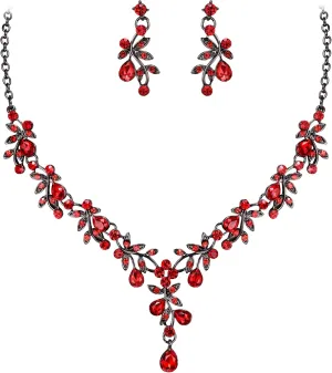 BriLove Wedding Jewelry Set for Women Bride, Y-Necklace Dangle Earrings Crystal Teardrop Leaf Flower Cluster Bridal Bridesmaid