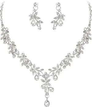 BriLove Wedding Jewelry Set for Women Bride, Y-Necklace Dangle Earrings Crystal Teardrop Leaf Flower Cluster Bridal Bridesmaid