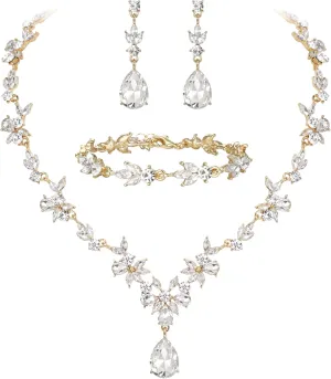 BriLove Wedding Jewelry Set for Women Bride, Y-Necklace Tennis Bracelet Dangle Earrings Crystal Teardrop Marquise Cluster for Bridal Bridesmaid