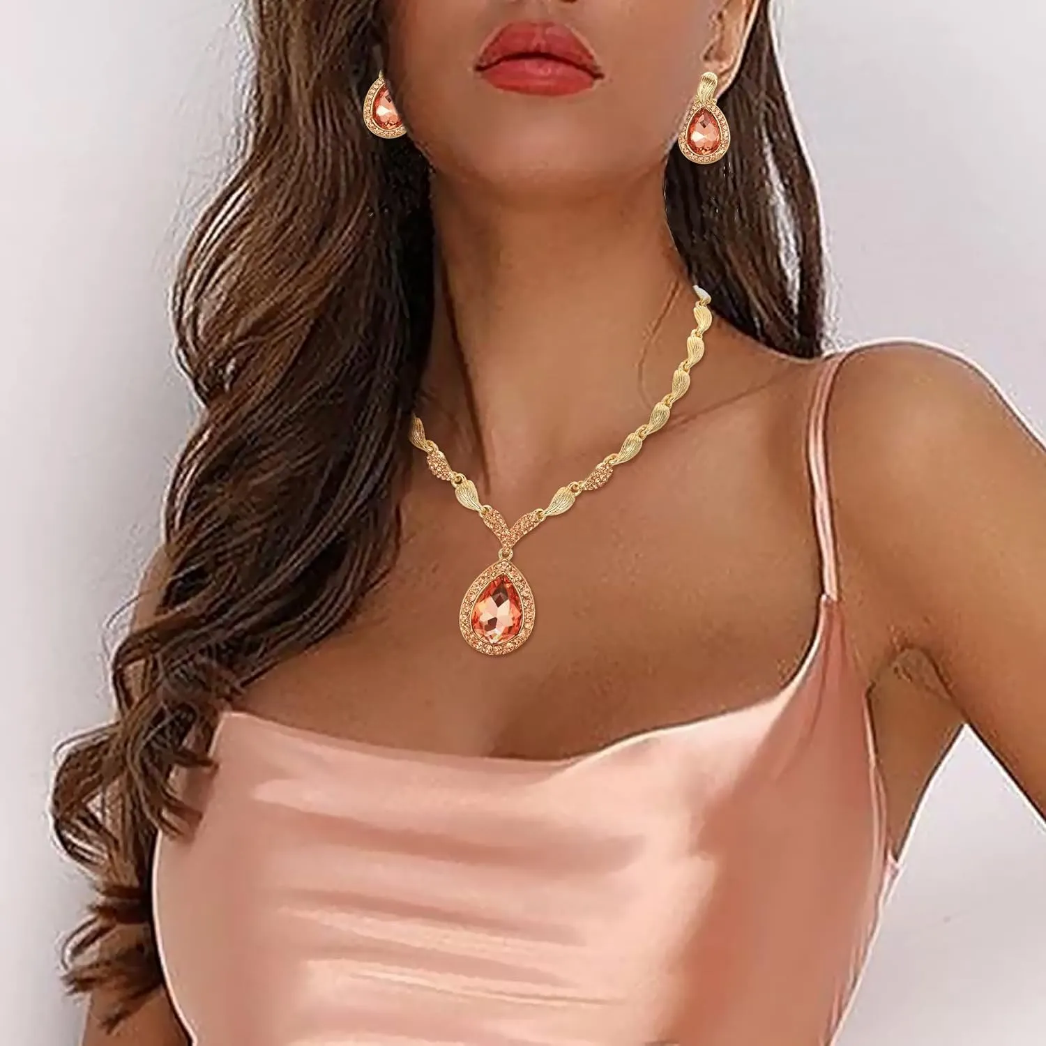 BriLove Womens Africa 18k Gold Plated Jewelry Set Crystal Rhinestones Petals Teardrop Cluster Bib Statement Necklace Link Bracelet Dangle Earrings Ring for Prom