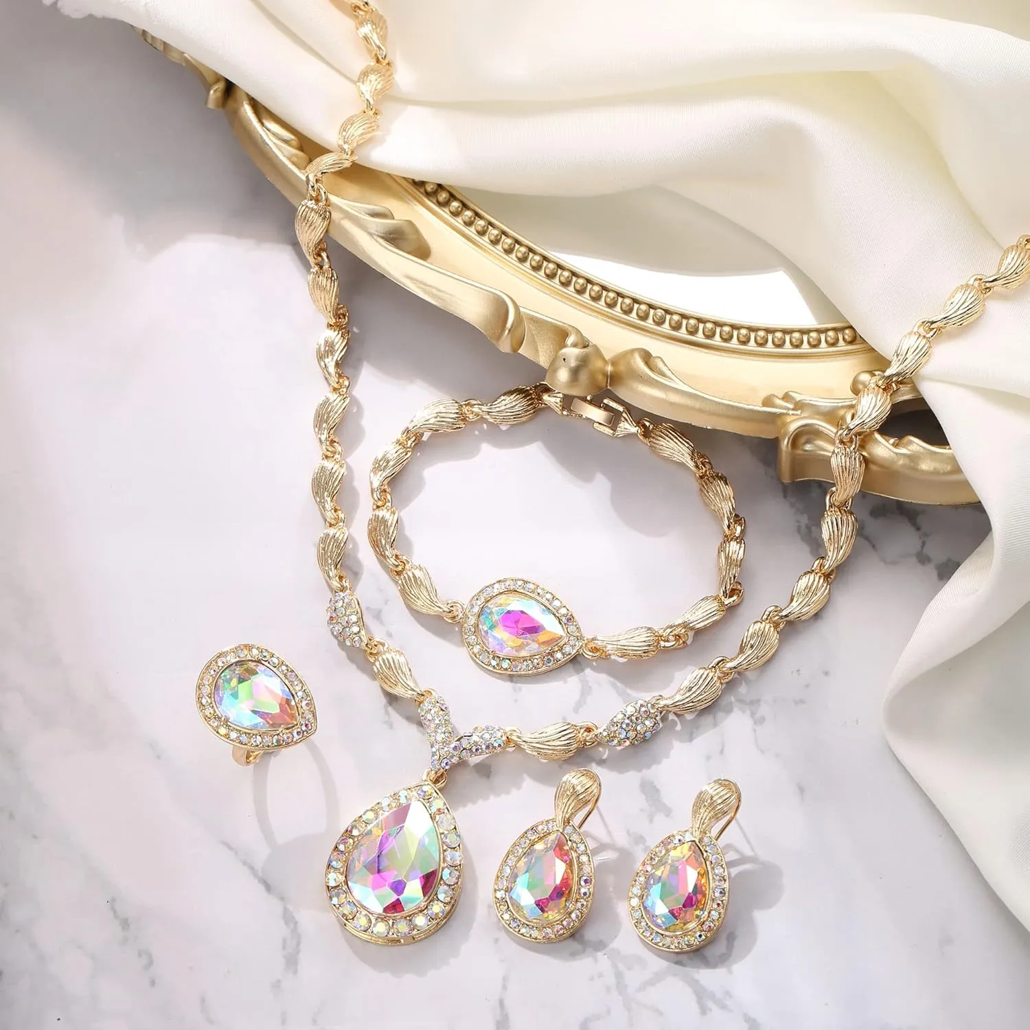 BriLove Womens Africa 18k Gold Plated Jewelry Set Crystal Rhinestones Petals Teardrop Cluster Bib Statement Necklace Link Bracelet Dangle Earrings Ring for Prom