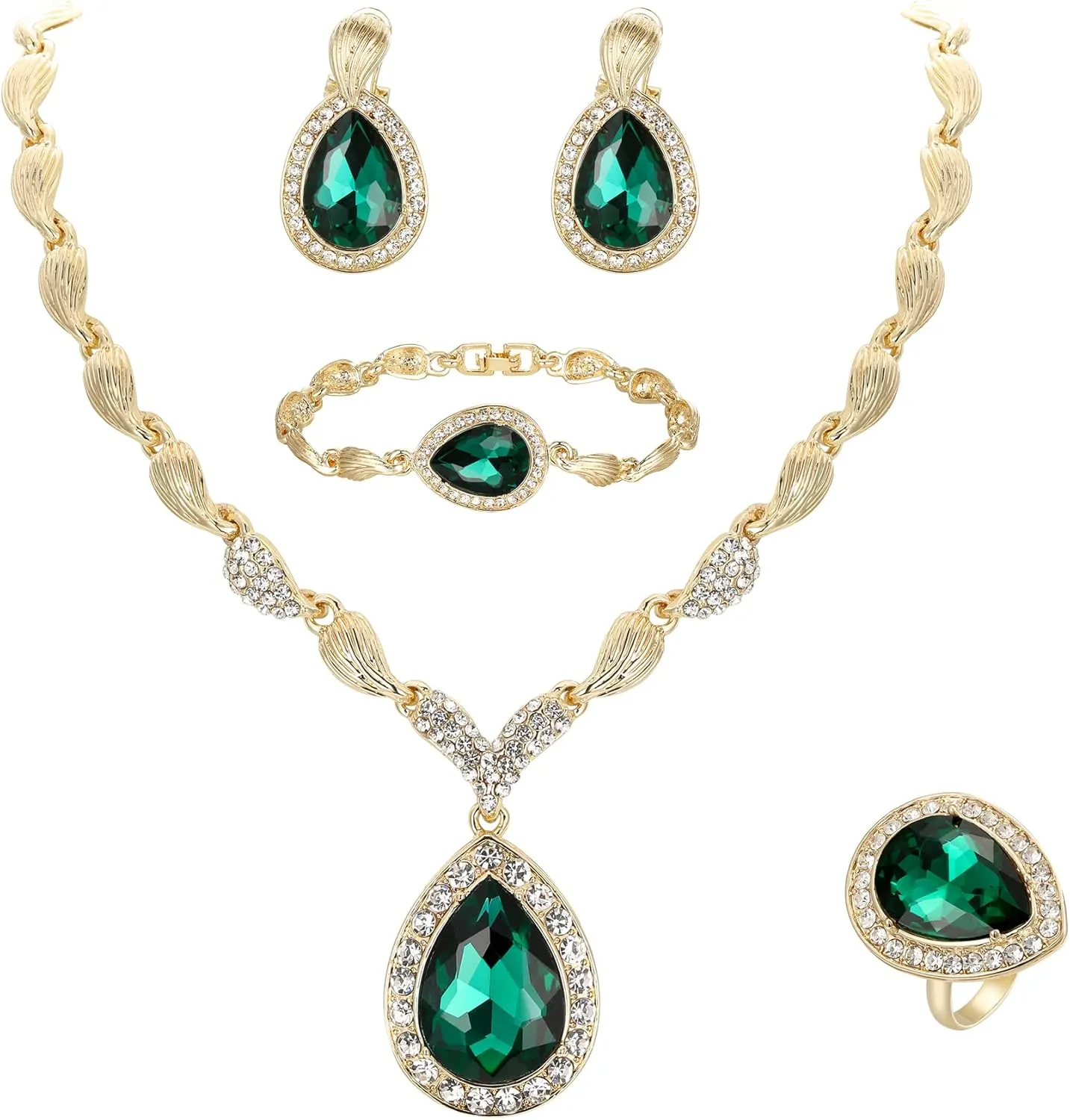 BriLove Womens Africa 18k Gold Plated Jewelry Set Crystal Rhinestones Petals Teardrop Cluster Bib Statement Necklace Link Bracelet Dangle Earrings Ring for Prom