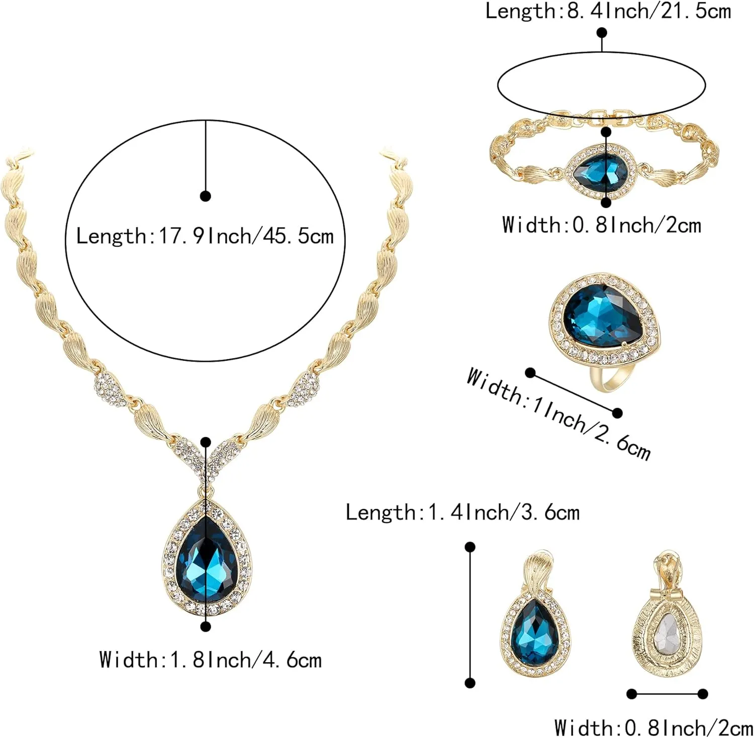 BriLove Womens Africa 18k Gold Plated Jewelry Set Crystal Rhinestones Petals Teardrop Cluster Bib Statement Necklace Link Bracelet Dangle Earrings Ring for Prom