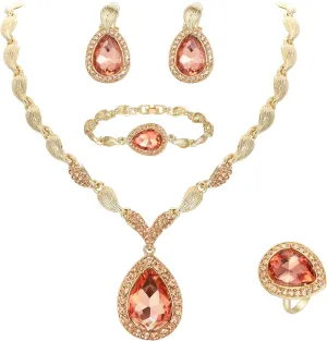 BriLove Womens Africa 18k Gold Plated Jewelry Set Crystal Rhinestones Petals Teardrop Cluster Bib Statement Necklace Link Bracelet Dangle Earrings Ring for Prom
