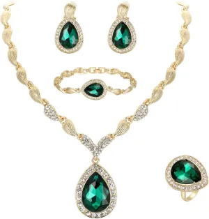 BriLove Womens Africa 18k Gold Plated Jewelry Set Crystal Rhinestones Petals Teardrop Cluster Bib Statement Necklace Link Bracelet Dangle Earrings Ring for Prom
