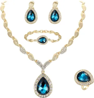 BriLove Womens Africa 18k Gold Plated Jewelry Set Crystal Rhinestones Petals Teardrop Cluster Bib Statement Necklace Link Bracelet Dangle Earrings Ring for Prom