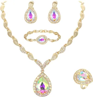 BriLove Womens Africa 18k Gold Plated Jewelry Set Crystal Rhinestones Petals Teardrop Cluster Bib Statement Necklace Link Bracelet Dangle Earrings Ring for Prom