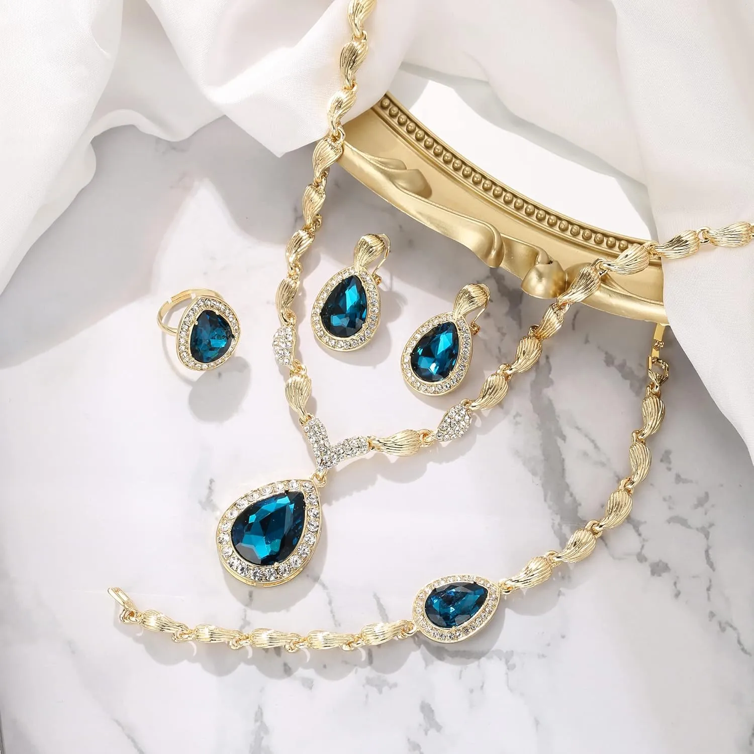 BriLove Womens Africa 18k Gold Plated Jewelry Set Crystal Rhinestones Petals Teardrop Cluster Bib Statement Necklace Link Bracelet Dangle Earrings Ring for Prom