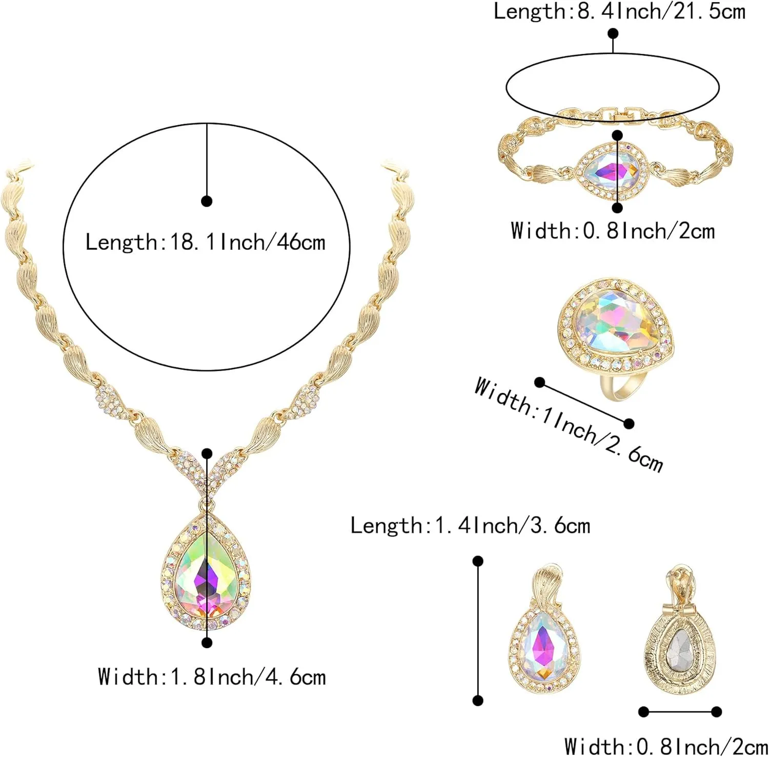 BriLove Womens Africa 18k Gold Plated Jewelry Set Crystal Rhinestones Petals Teardrop Cluster Bib Statement Necklace Link Bracelet Dangle Earrings Ring for Prom