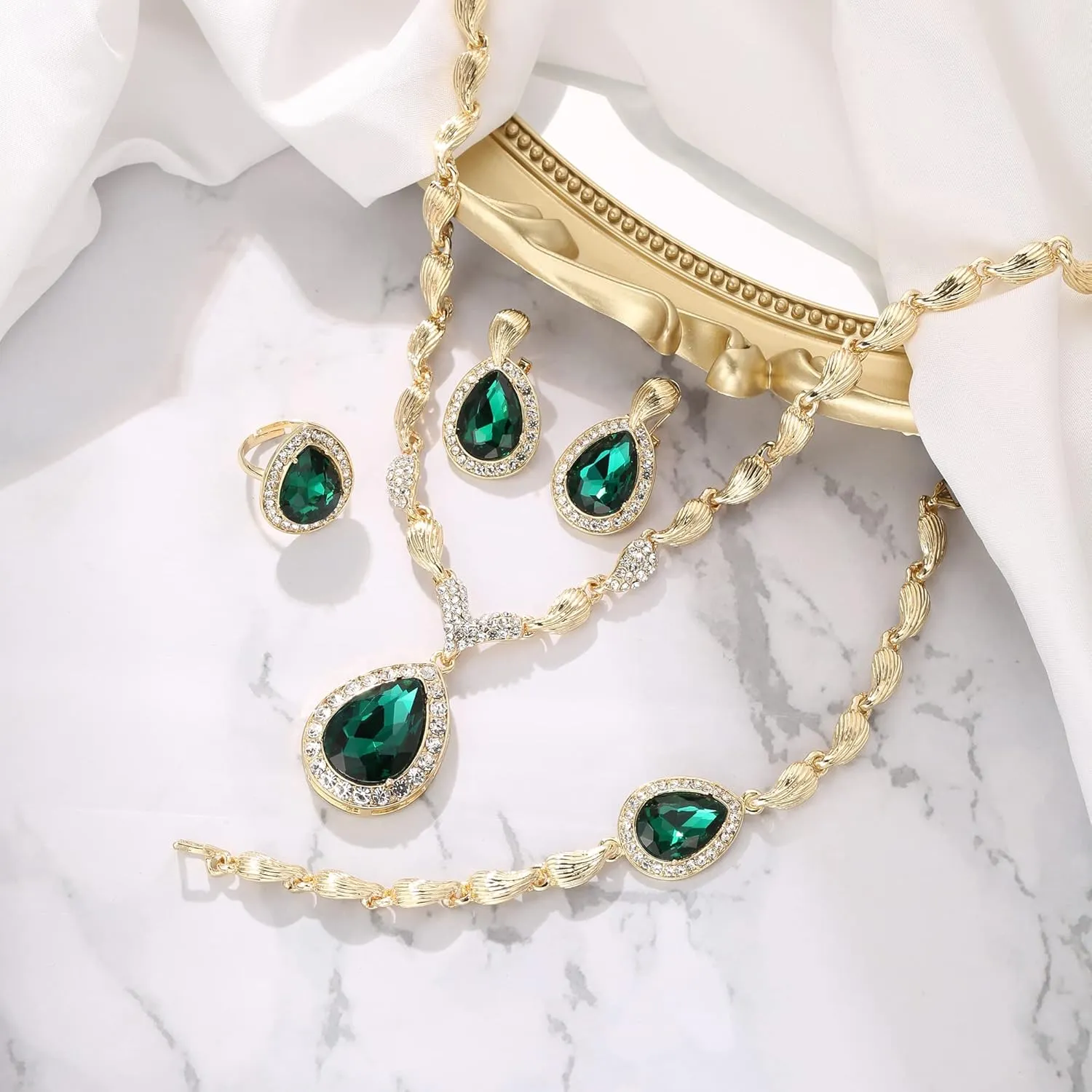 BriLove Womens Africa 18k Gold Plated Jewelry Set Crystal Rhinestones Petals Teardrop Cluster Bib Statement Necklace Link Bracelet Dangle Earrings Ring for Prom