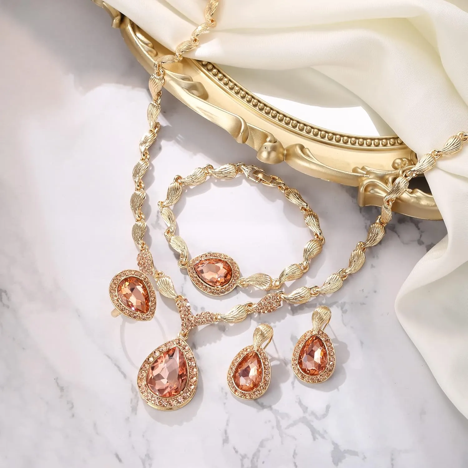 BriLove Womens Africa 18k Gold Plated Jewelry Set Crystal Rhinestones Petals Teardrop Cluster Bib Statement Necklace Link Bracelet Dangle Earrings Ring for Prom