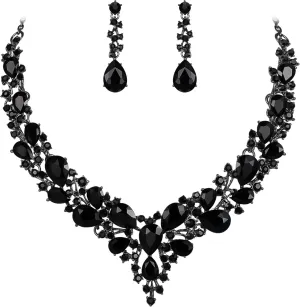 BriLove Women's Wedding Bridal Austrian Crystal Teardrop Cluster Statement Necklace Dangle Earrings Jewelry Set