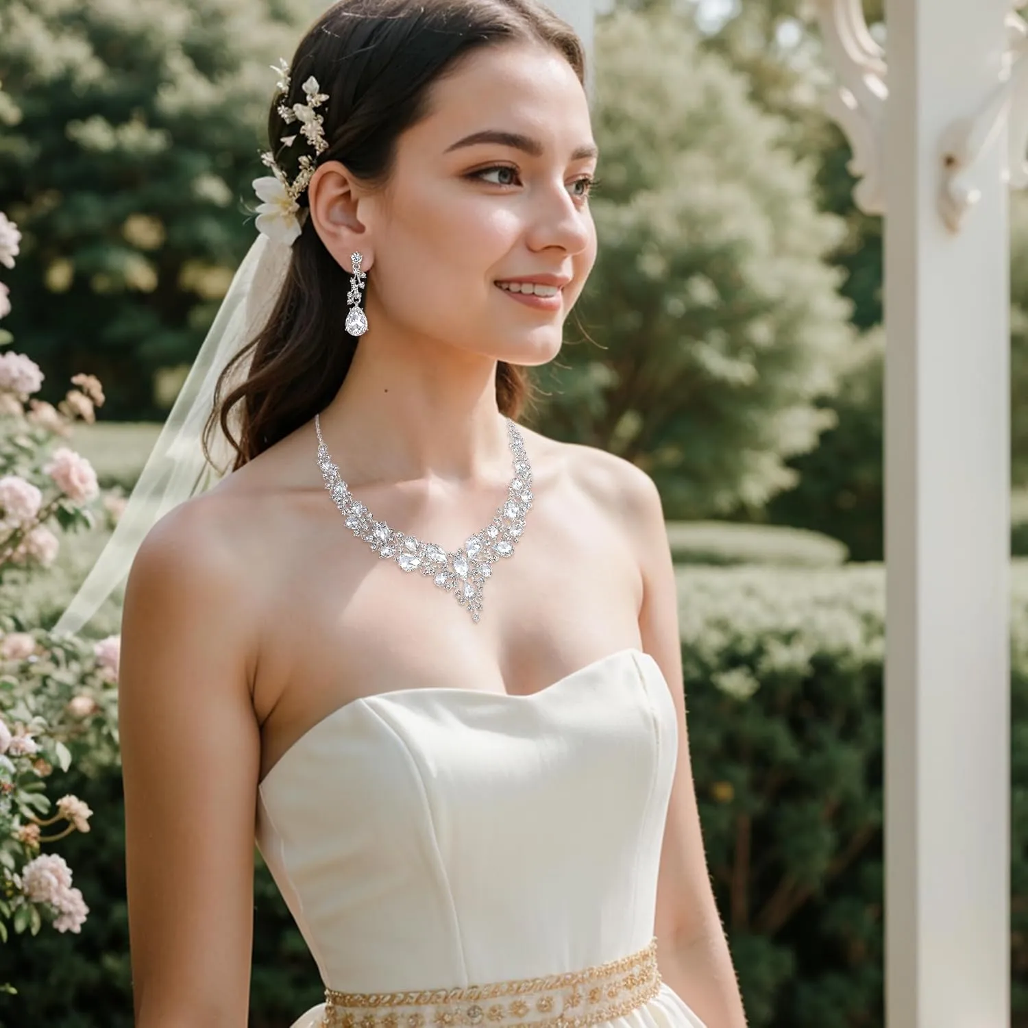 BriLove Women's Wedding Bridal Austrian Crystal Teardrop Cluster Statement Necklace Dangle Earrings Jewelry Set