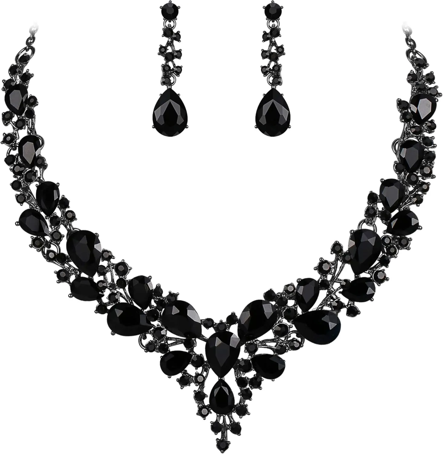 BriLove Women's Wedding Bridal Austrian Crystal Teardrop Cluster Statement Necklace Dangle Earrings Jewelry Set
