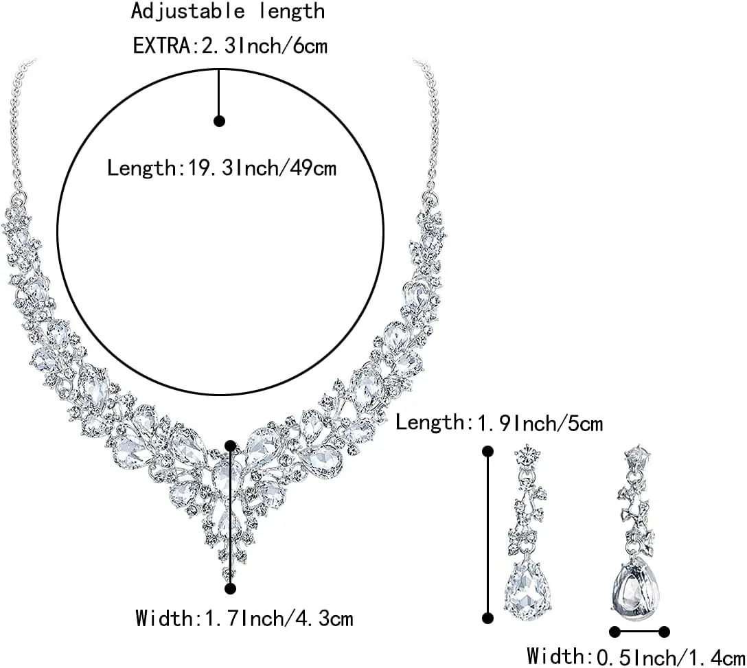 BriLove Women's Wedding Bridal Austrian Crystal Teardrop Cluster Statement Necklace Dangle Earrings Jewelry Set