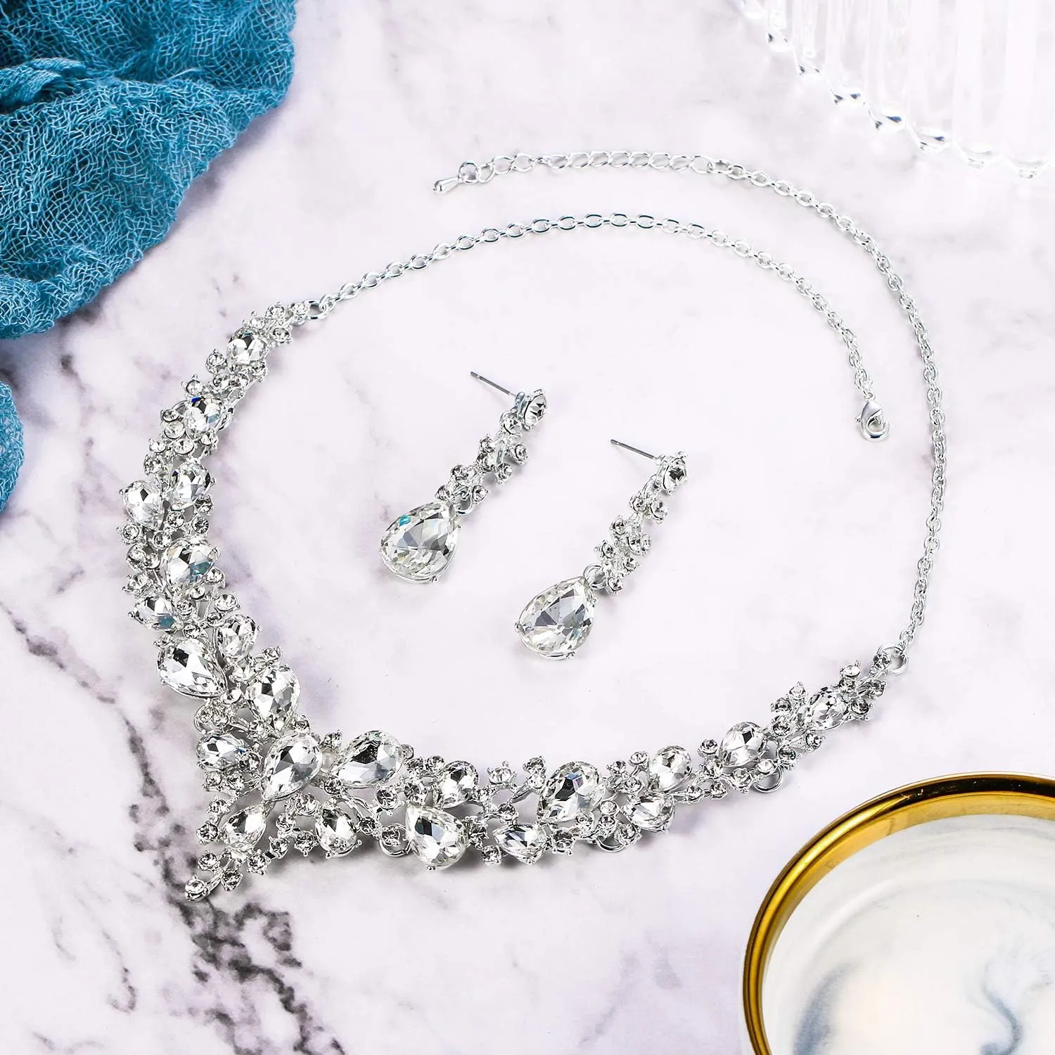 BriLove Women's Wedding Bridal Austrian Crystal Teardrop Cluster Statement Necklace Dangle Earrings Jewelry Set