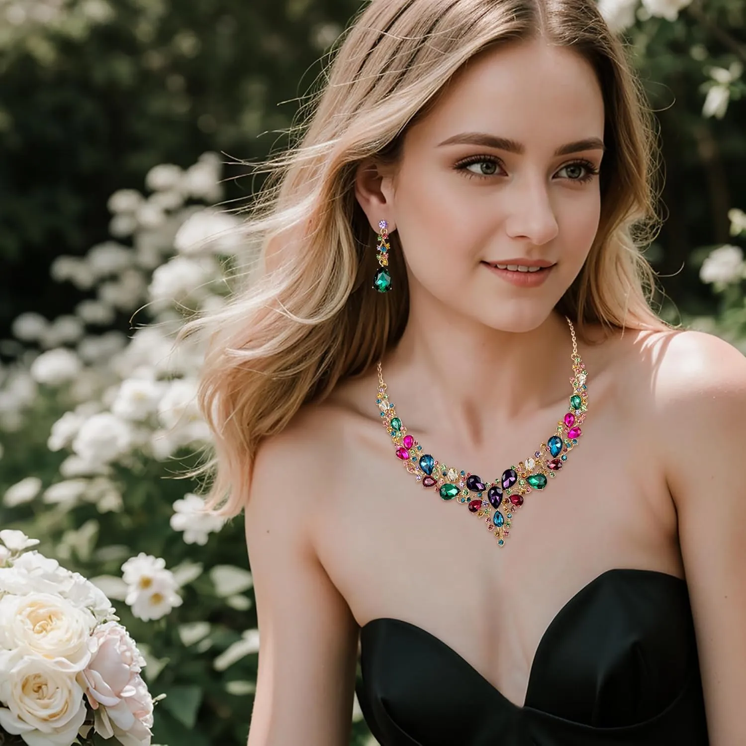 BriLove Women's Wedding Bridal Austrian Crystal Teardrop Cluster Statement Necklace Dangle Earrings Jewelry Set