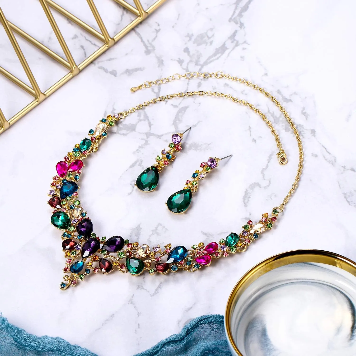 BriLove Women's Wedding Bridal Austrian Crystal Teardrop Cluster Statement Necklace Dangle Earrings Jewelry Set