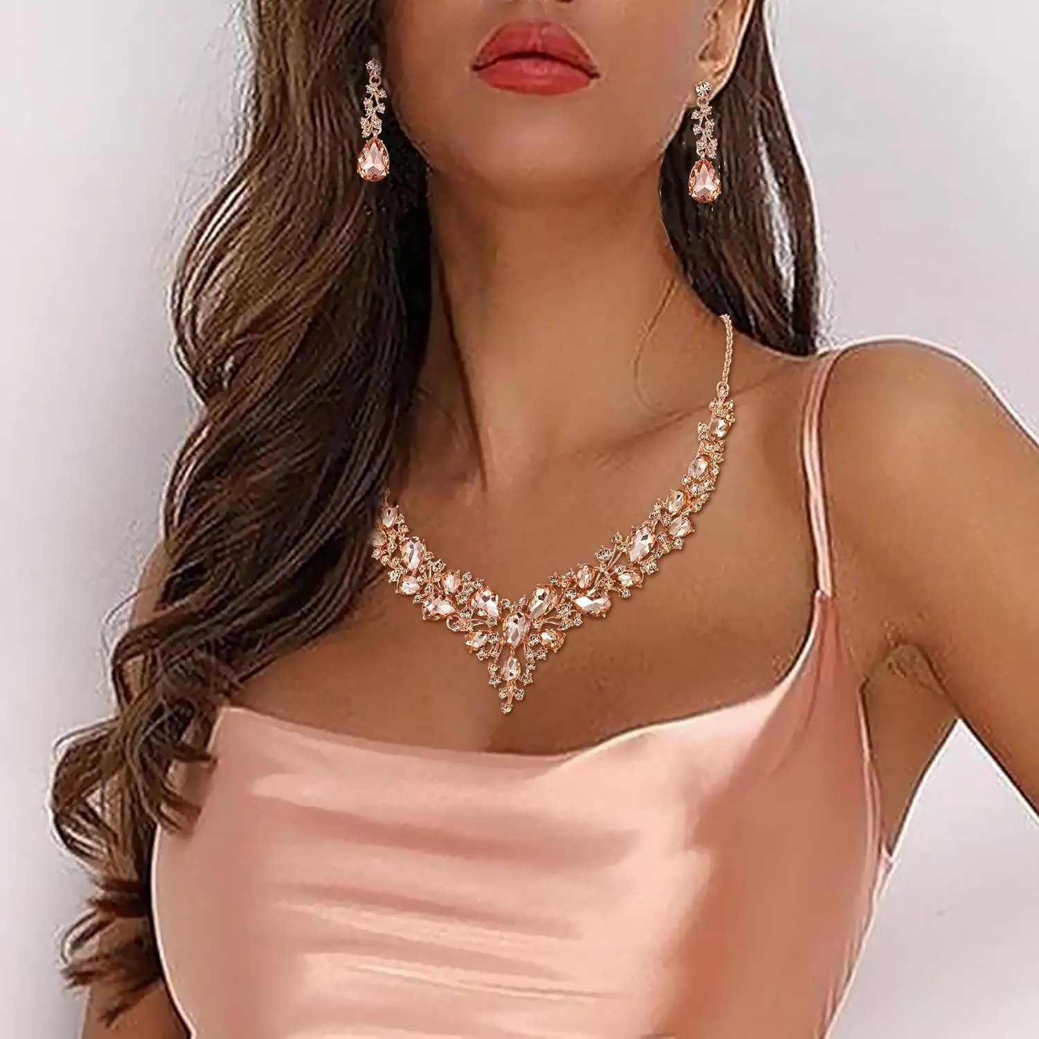 BriLove Women's Wedding Bridal Austrian Crystal Teardrop Cluster Statement Necklace Dangle Earrings Jewelry Set