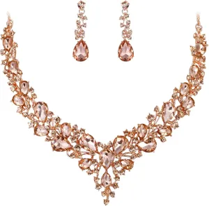 BriLove Women's Wedding Bridal Austrian Crystal Teardrop Cluster Statement Necklace Dangle Earrings Jewelry Set