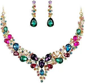 BriLove Women's Wedding Bridal Austrian Crystal Teardrop Cluster Statement Necklace Dangle Earrings Jewelry Set